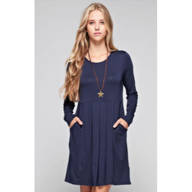 Navy Pleated Solid Classic Dress