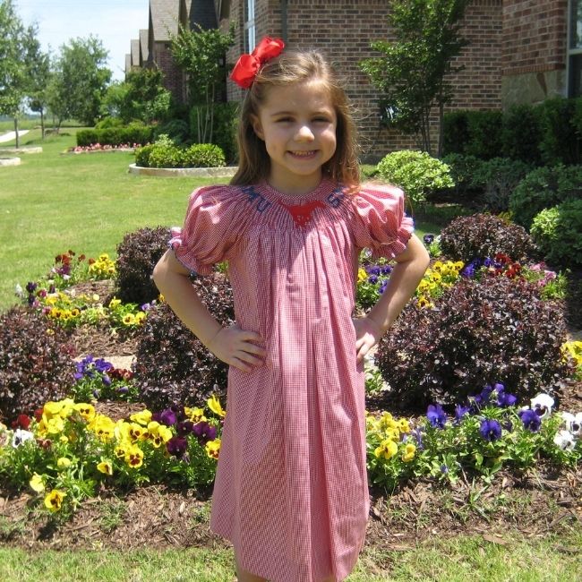 SMU Vive La Fete Collegiate Hand Smocked Gingham Bishop Dress