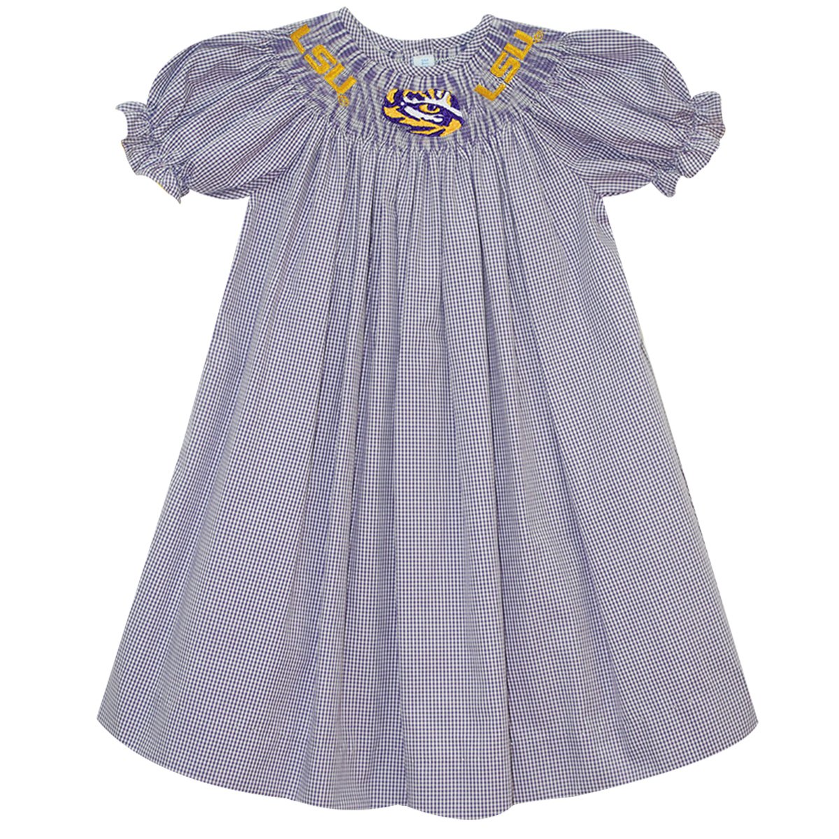 LSU Vive La Fete Collegiate Hand Smocked Gingham Bishop Dress